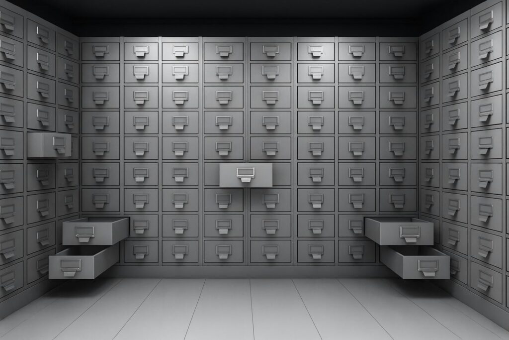 A room filled with rows of filing cabinets